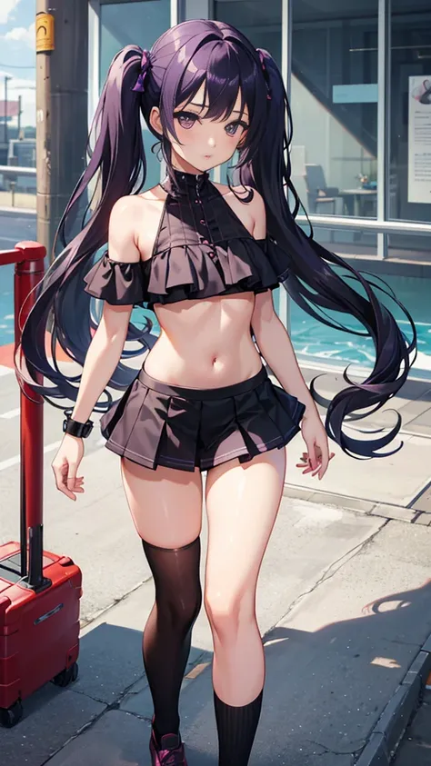 young girl, long dark purple or black hair, purple eyes, I can see your stomach,swimsuit、thighs，knee high socks，short sleeve， masterpiece, high quality, High resolution, HD, 4K、thighsから上のカット、beautiful eyes、twin tails、Upper body、sexy