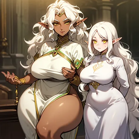 (((An elf milf woman alone))),(((Dark Skin))),(((yellow eyes))),(((wavy white hair))),((curvy body)), (((nice dress)))