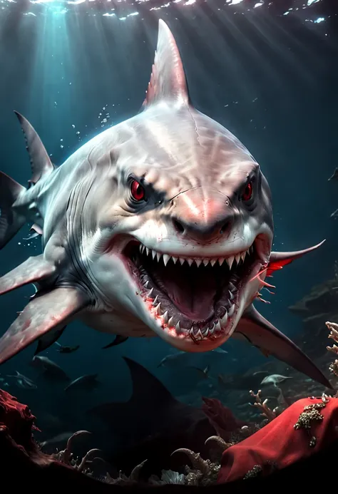 a ferocious shark, red theme, dark fantasy, (best quality, masterpiece, 8k)