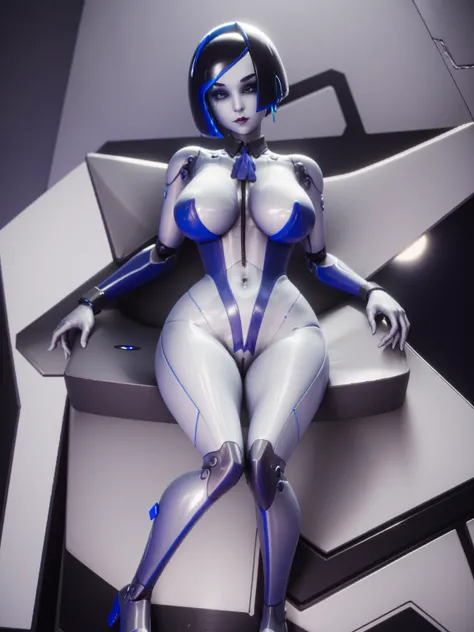 demi(humanoid robot), 1girl,solo,facing viewer, bimbo bimbofied huge huge breasts navel thick thighs wide hips