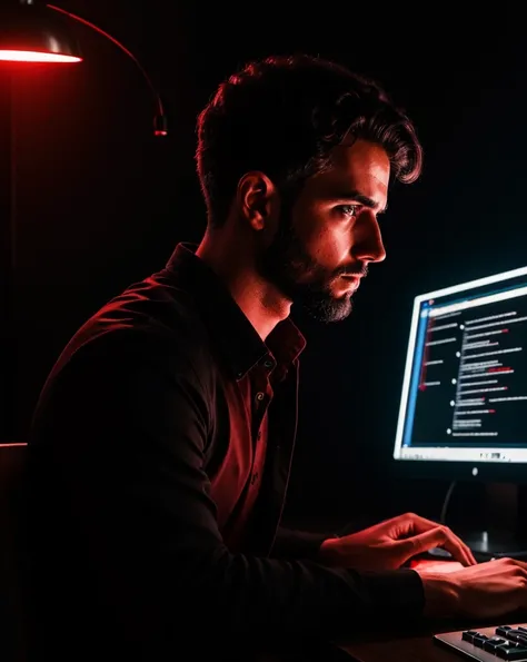 a man is learning to program on a computer and his brain is receiving a lot of information, dramatic lighting with black and red color, altamente detalhado, incredible quality,