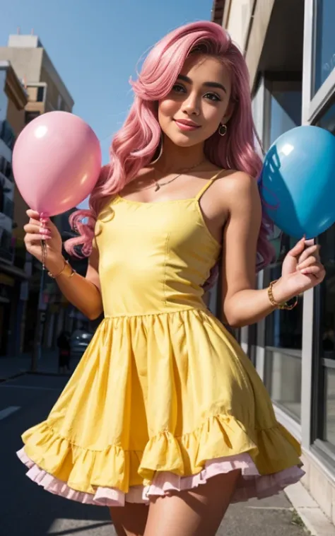 (La mejor calidad, Obra maestra), 1girl, 15 year old , beautiful teenage girl , chica americana , vestido, viento, Flor, Parte superior del cuerpo, fondo , Mirada seductora , small nose , cabello largo , vestido de pinkie pie, vestido de fiesta , maquillaj...