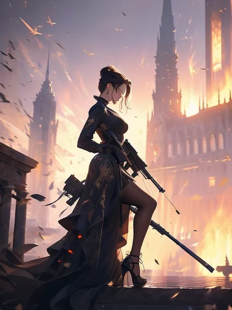 A masterpiece full body image of a woman wearing high heels with a long sleeve short black dress posing with her sniper rifle (Barrett .50). She is on top of an old European building. Cinematic lights, high detail, 4k image of uality