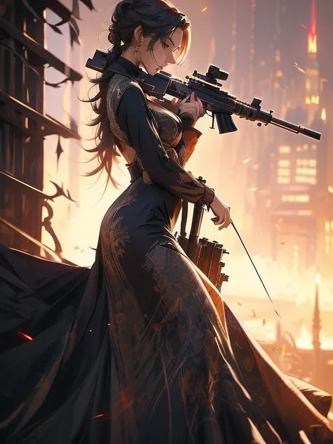 A masterpiece full body image of a woman wearing high heels with a long sleeve short black dress posing with her sniper rifle (Barrett .50). She is on top of an old European building. Cinematic lights, high detail, 4k image of uality