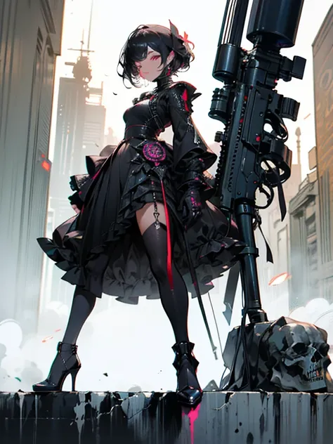 A masterpiece full body image of a woman wearing high heels with a long sleeve short black dress posing with her sniper rifle (Barrett .50). She is on top of an old European building. Cinematic lights, high detail, 4k image of uality