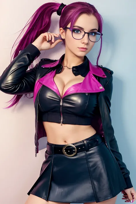 25 year old european woman with magenta hair in a short ponytail dressed in a schoolgirl outfit with leather miniskirt, cleavage, belt, glasses. Blue eyes with eye liner. Neutral background