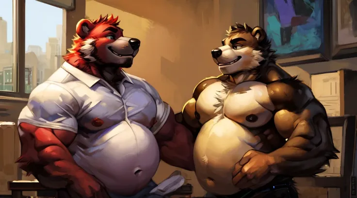 Two very masculine anthro furry male bears hugging and kissing in an empty office room, Chubby antho furry bears, muscle belly sticking out, office shirts unbuttoned, looking seductively at each other, fat, daddy, smiling, winking, By mystikfox61, by glitt...