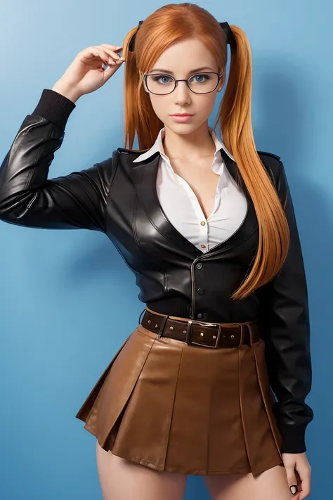 25 year old european woman with amber hair in a short ponytail dressed in a schoolgirl outfit with leather miniskirt, cleavage, belt, glasses. Blue eyes with eye liner. Neutral background