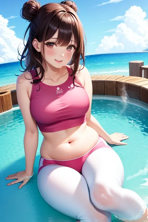 Super detailed，masterpiece，best quality，harf，View，blush blush，Yazawa Nico,red eyes, Blunt hair, 1 female、White clothes、The belly is visible，White bun hairstyle， black hair color hair、chubby、Smile、pale pink lips、Spring water，hot spring，Soaked all over，oestr...