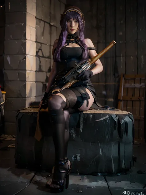 35mm, F/2.8, Incredibly hyper-detailed and intricately realistic, full body shot of a purple hair woman wearing high heels sandals with a short black dress posing for a picture with her Sniper Rifle (a Barrett .50cal). She is on top of an old Russian build...