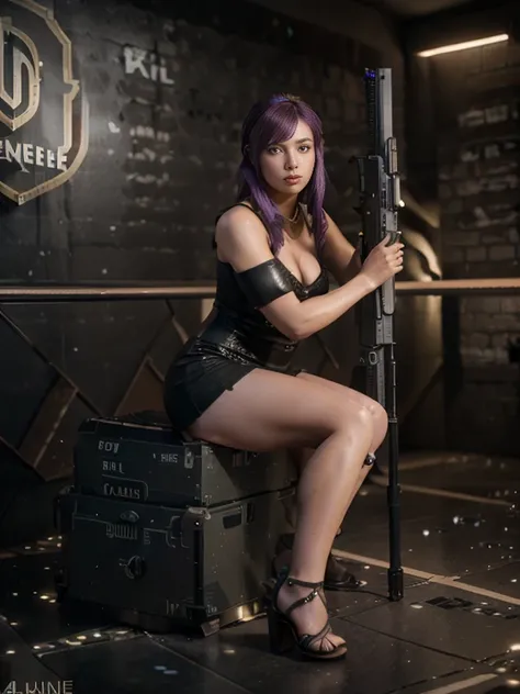 35mm, F/2.8, Incredibly hyper-detailed and intricately realistic, full body shot of a purple hair woman wearing high heels sandals with a short black dress posing for a picture with her Sniper Rifle (a Barrett .50cal). She is on top of an old Russian build...