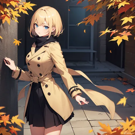 Masterpiece, solo, 1girl, scarf, double breasted trench coat, short skirt, short blonde hair, autumn 