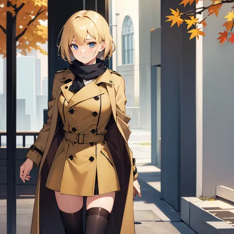 Masterpiece, solo, 1girl, scarf, double breasted trench coat, short skirt, short blonde hair, autumn