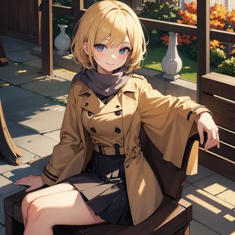 Masterpiece, solo, 1girl, smiling, scarf, double breasted trench coat, short skirt, short blonde hair, sitting cross legged, autumn