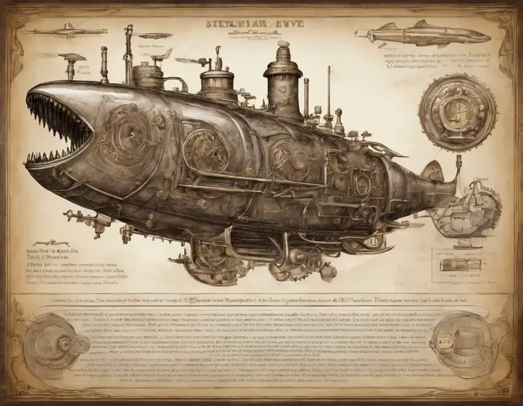 Steampunk drawing of a submarine similar to a large shark, shark submarine, steampunk shark submarine, high detail, cinematographic processing, realistic photo