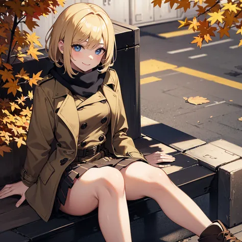 Masterpiece, solo, 1girl, smiling, scarf, double breasted trench coat, short skirt, short blonde hair, sitting cross legged, autumn