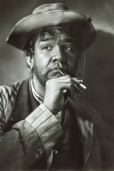 Hay una foto de 1800 en alta calidad de un hombre fumando, en alta definicion, a color y de buena calidad, hombre mexicano de la decada de 1900 fumando y con sombrero en la noche a todo color, renderizar, 4 k