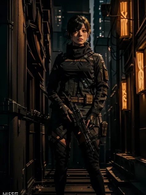 A masterpiece [[gorgeous delicate face]] full body image of a woman wearing high heel with a long sleeve short black posing with her sniper rifle (Barrett .50). She is on top of an old European building. Cinematic lights, high detail, 4k image of uality