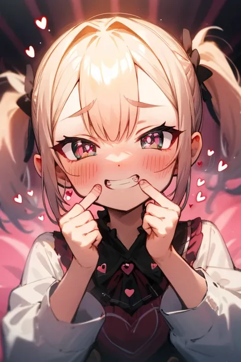 heart, heart-shaped pupil, smug, grin, blush, teeth, masterpiece, highest quality