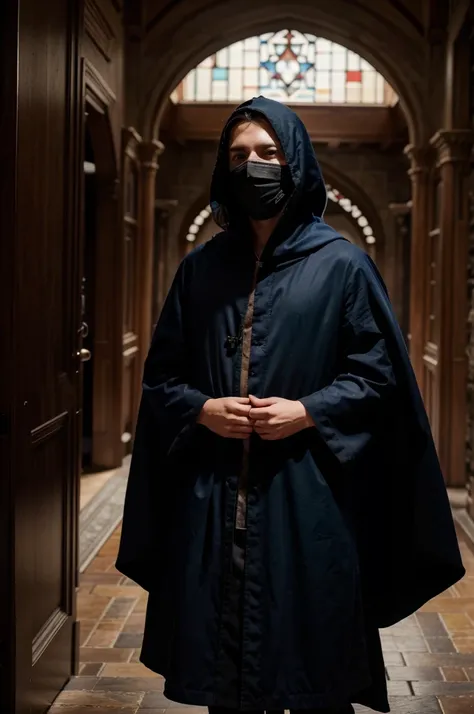 A 16-year-old young wizard with a dark blue robe and cloak, a black mask, and white eyes, standing in the hallway of a castle. (best quality,4k,8k,highres,masterpiece:1.2),ultra-detailed,realistic:1.37, HDR, studio lighting, extreme detail description, pro...