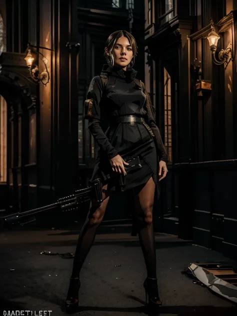 A masterpiece [[gorgeous delicate face]] full body image of a woman wearing high heel with a long sleeve short black dress, posing with her sniper rifle (Barrett .50). She is on top of an old European building. Cinematic lights, high detail, 4k image quali...