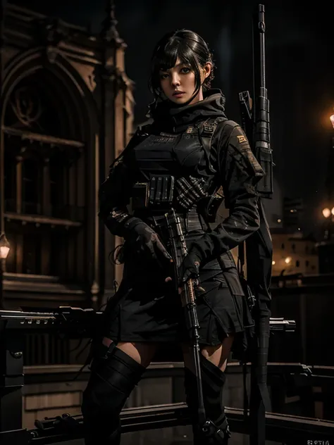 A masterpiece [[gorgeous delicate face]] full body image of a woman wearing high heel with a long sleeve short black dress, posing with her sniper rifle (Barrett .50). She is on top of an old European building. Cinematic lights, high detail, 4k image quali...