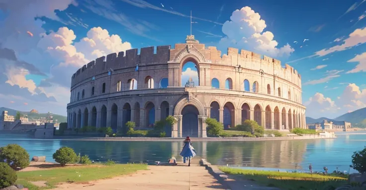  writer;Battlefield;Arena built on a small island floating in a lake、Huge building、circular coliseum、Essay Exam、lined with pen-shaped pillars、dynamic compositions、Buildings only、in a panoramic view、（balance of fate）、A place where writers compete、Blue sky、i...