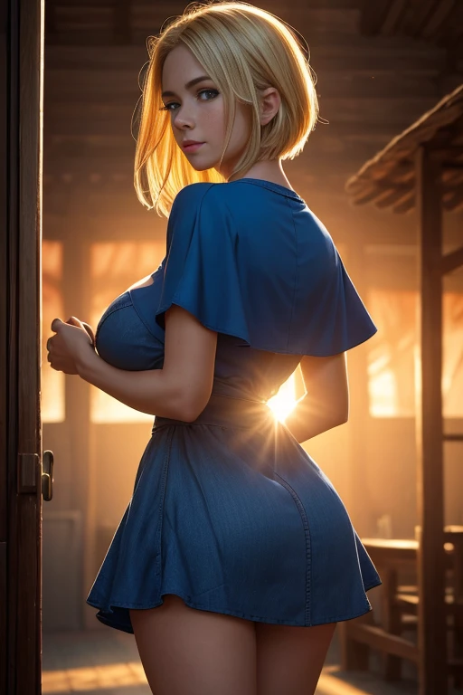 best quality,4k,8k,highres,masterpiece:1.2),ultra-detailed,(realistic,photorealistic,photo-realistic:1.37), illustration of a beautiful woman wearing a blue dress 9, on a rural town on Mexico, 20 years old, beautiful straight blonde hair, short hair illumi...