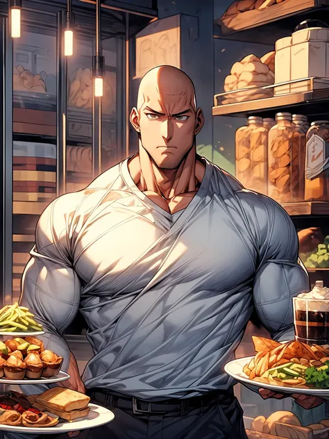 a man standing in front of a plate of food, webtoons, manhwa, webtoon, athletic man in his 30s, athletic tall handsome guys, tall and muscular, handsome saitama, cel - shading, cel-shading, muscular character, cellshading, attractive beefy man, masculine m...