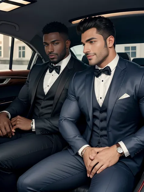 8k，8K resolution，2 Muscular Europeans, handsome man，charming eyes，dark skin,beautiful, smooth and shiny，Full muscles，Thick body hair， (wearing a stylish suit)，big bag，emphasize，Two men sitting in a limousine，The car is filled with roses，smile happily，profe...