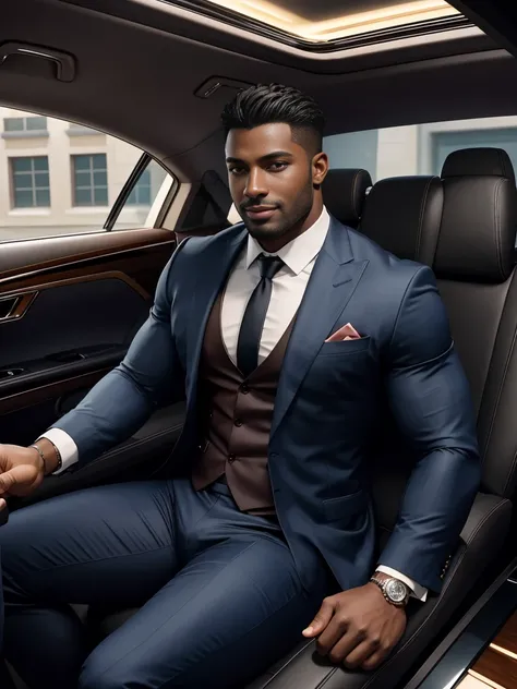 8k，8K resolution，2 Muscular Europeans, handsome man，charming eyes，dark skin,beautiful, smooth and shiny，Full muscles，Thick body hair， (wearing a stylish suit)，big bag，emphasize，Two men sitting in a limousine，The car is filled with roses，smile happily，profe...