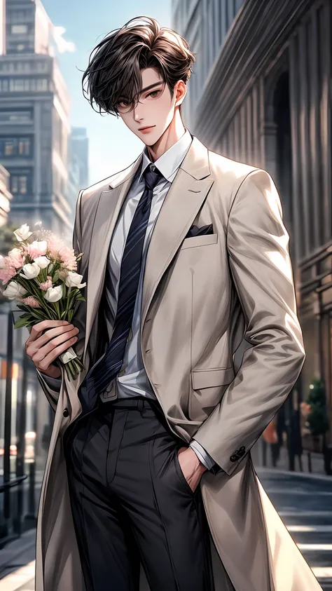 a man standing and holding flowers and he is very happy in front of a tall building, manhwa, male ulzzang, yanjun chengt, handsome chad chin, anime handsome man, secret romance, (good looking ), wearing elegant casual clothes, webtoon, hwang se - on, ( ( g...