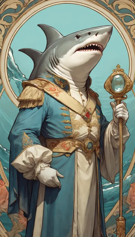 a portrait of a royal anthropomorphic shark with full royalty regalia in the style of alphonse mucha
