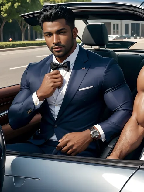 8k，8K resolution，2 Muscular Europeans, handsome man，charming eyes，dark skin,beautiful, smooth and shiny，Full muscles，Thick body hair， (wearing a stylish suit)，big bag，emphasize，(2 men driving a luxury convertible，The car is full of roses)，Two men smiling h...