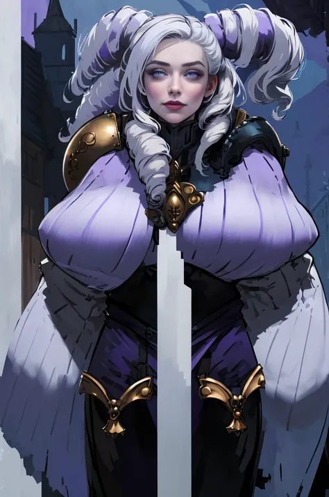 (Triplets)(chest covered)(smile)Gray skin, pale golden hair and violet eyes. They prefer clothing of white and silver with cloaks of deep blue or purple,village background, huge_knockers, ((very precise detailed)), ((highres)