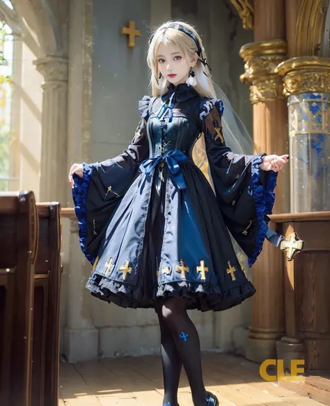 最高画質,8k,綺麗な女性,BREAK ((Lazuli color:1.3) Gothic Lolita very long dress with lace details:1.2), (dress with frill details:1.2), (very wide Lazuli collar with ribbon on the chest:1.3), ((black color:1.2) corset-style waist:1.5) BREAK (black blouse with long s...