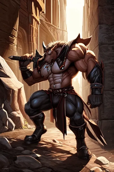 (black minotaur,strong muscles),illustration,detailed features,dark atmosphere,vivid colors,strong shadows,ethereal lighting