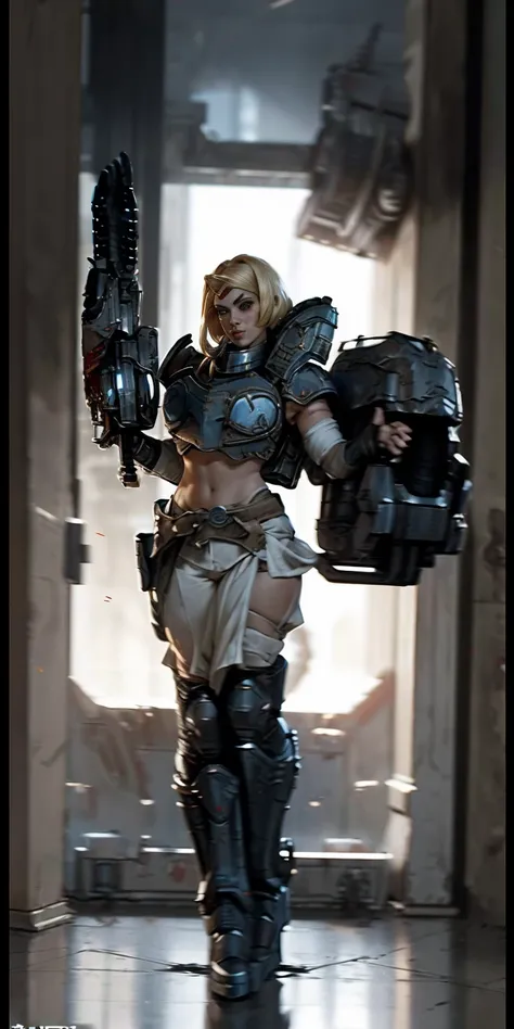 female warrior, warhammer sororita, warhammer 40000: boltgun, full body, ready for combat