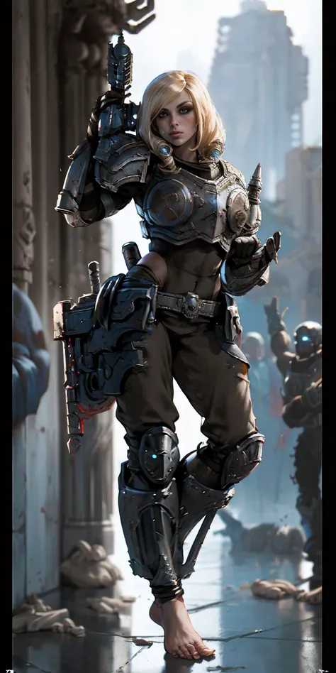 female warrior, warhammer sororita, warhammer 40000: boltgun, full body, ready for combat, heavy armor, barefoot