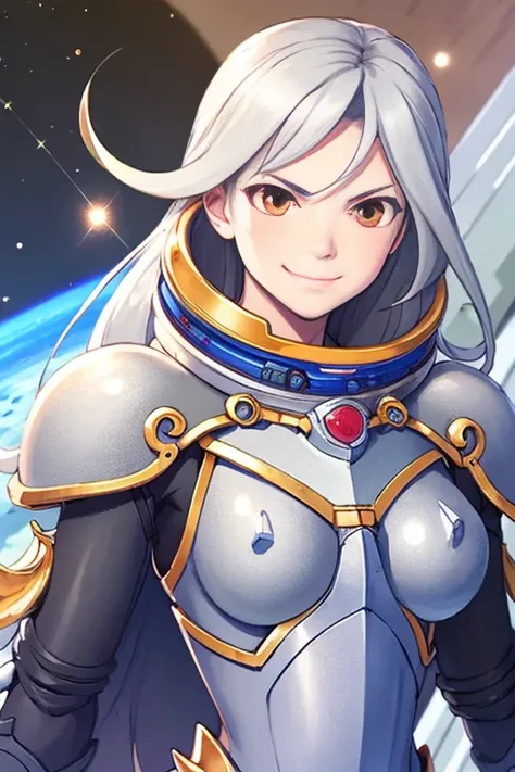 highest quality, ultra high resolution, (realism: 1.4), Depth of bounds written, beautiful face, (Pueros face_v1: 0.8), half body, | | 1 girl, Medium chest, (gray hair: 1.3), innocent smile, natural makeup, | | | model pose, | | (Spacesuit: 1.3), (blue arm...