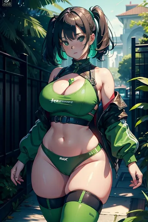 ultra realista 8k CG, master part, 1girl, cute face, thick thighs, big tits, green slutty outfit