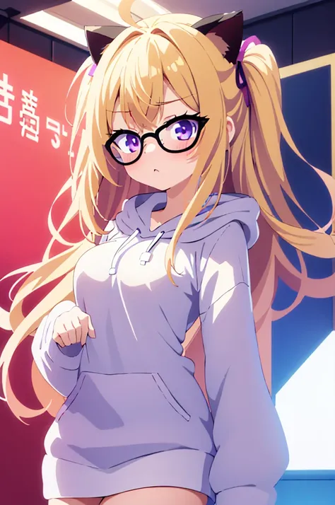 best quality, masterpiece, bishoujo, kawaii, student, blonde hair , long bangs, very long hair, long hair, purple eyes, gradient eyes, hoodie, glasses, cat ears, ahoge, medium breasts, nose blush , comic, small breasts