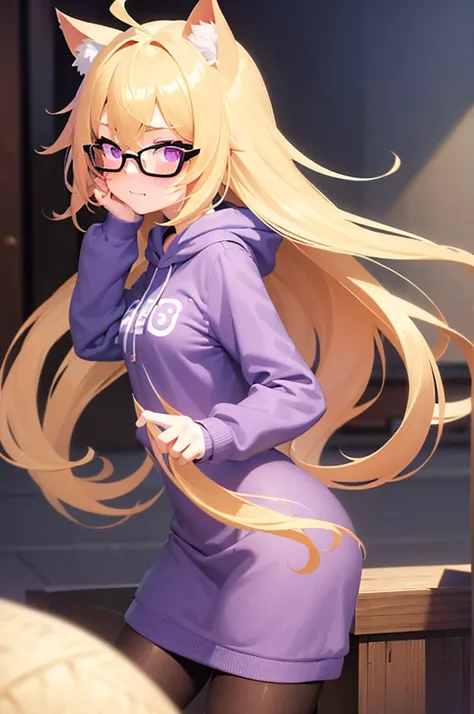 best quality, masterpiece, bishoujo, kawaii, student, blonde hair , long bangs, very long hair, long hair, purple eyes, gradient eyes, hoodie, glasses, cat ears, ahoge, medium breasts, nose blush , comic, small breasts