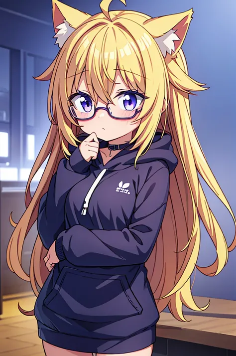 best quality, masterpiece, bishoujo, kawaii, student, blonde hair , long bangs, very long hair, long hair, purple eyes, gradient eyes, hoodie, glasses, cat ears, ahoge, medium breasts, nose blush , comic, small breasts