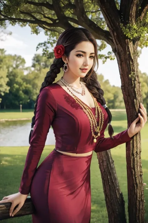 Carlotta Champagne as a beautiful young maiden, standing perfect body, large breasts, small waist, long braids hair, wearing light makeup, long eye lashes, eye mascara, wearing red Ornaments, long earrings, necklaces, happy look, at Beautiful park.