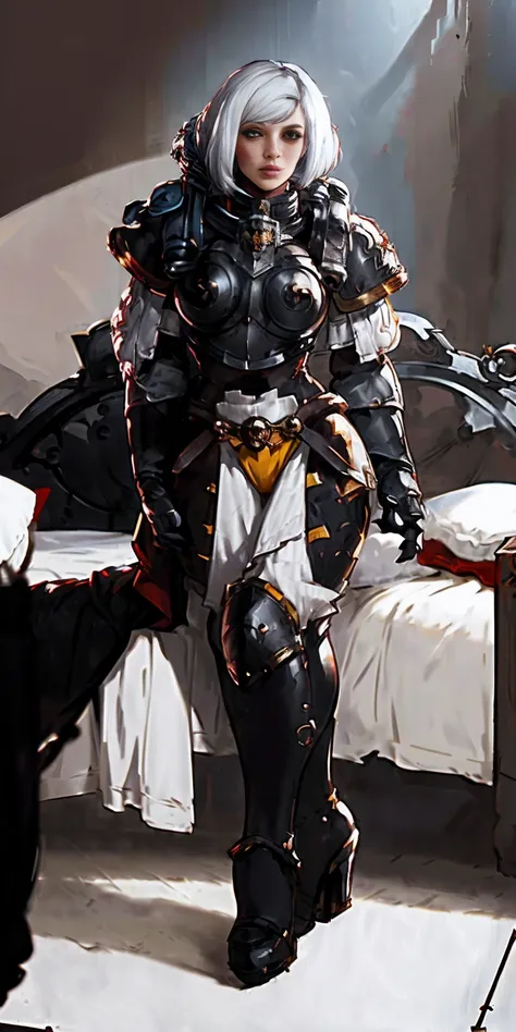 warhammer art style, adepta sororitas, battle sister, white hair, bob haircut with bangs. 16k ultra hd, portrait

photorealistic...