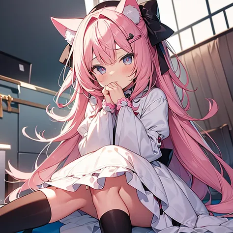 Cute with a girl cat ears、（Lonely 1.4）、Japanese anime style、Moe、（Big Picture 2.0）、Authentic and highly detailed body、petite、with a girl、Childish、10 years old、hair length、bangs、pink haired、Real and highly detailed face、Beautiful eyes that are real and highl...