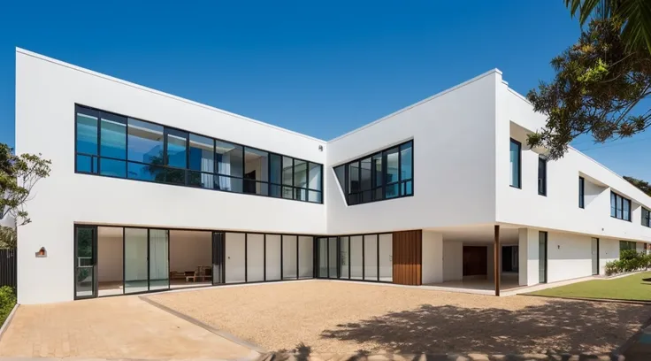 uma escola de 3 andares, cor de rosa com pilares brancos, arquitetura portuguesa