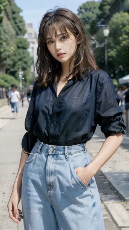 female sexy、blonde hair, dark tan skin, crystal blue eyes, black button blouse、long denim pants、in the park in the morning