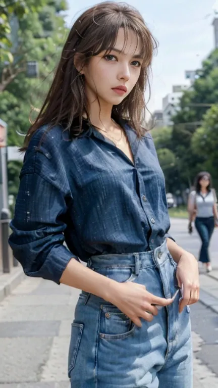 female sexy、blonde hair, dark tan skin, crystal blue eyes, black button blouse、long denim pants、in the park in the morning